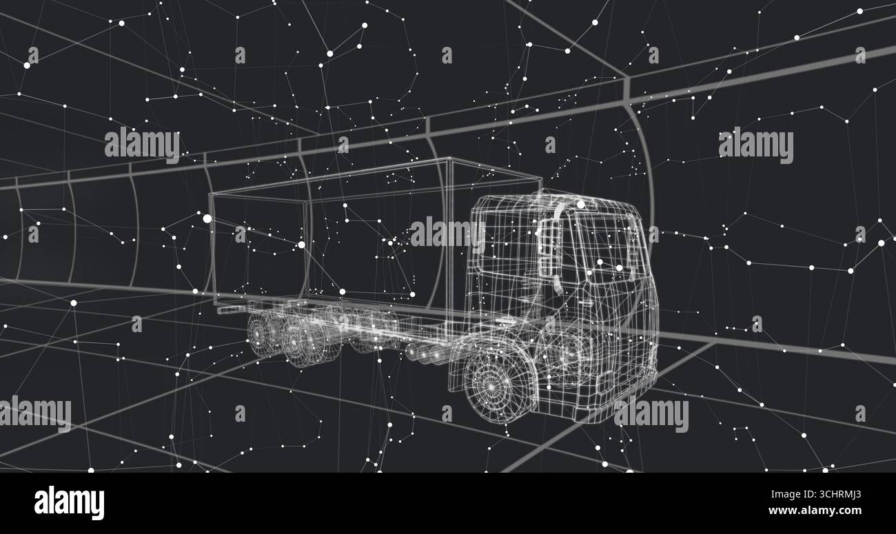 Displaying 3D wireframe semi-trailer truck floating in virtual space, with grid and node network Stock Photo