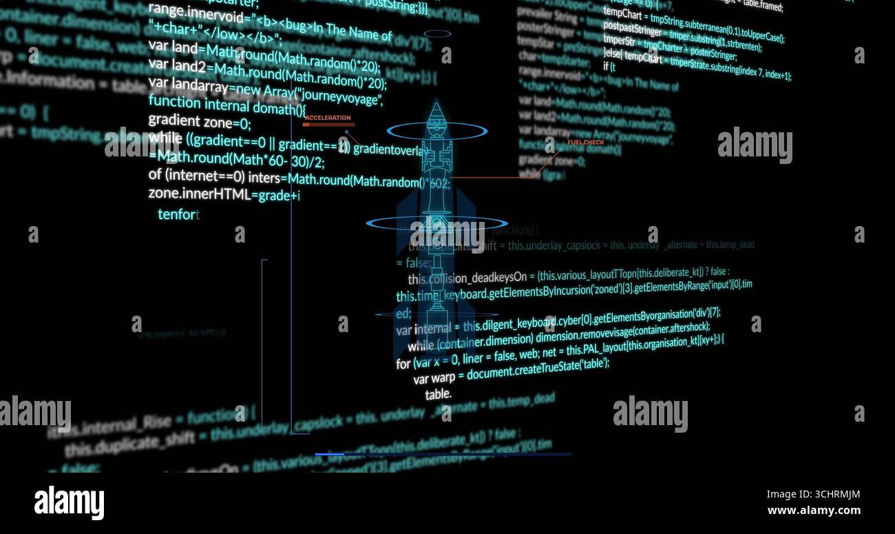 Showing dark IDE displaying JavaScript code on computer screen, with wireframe rocket Stock Photo