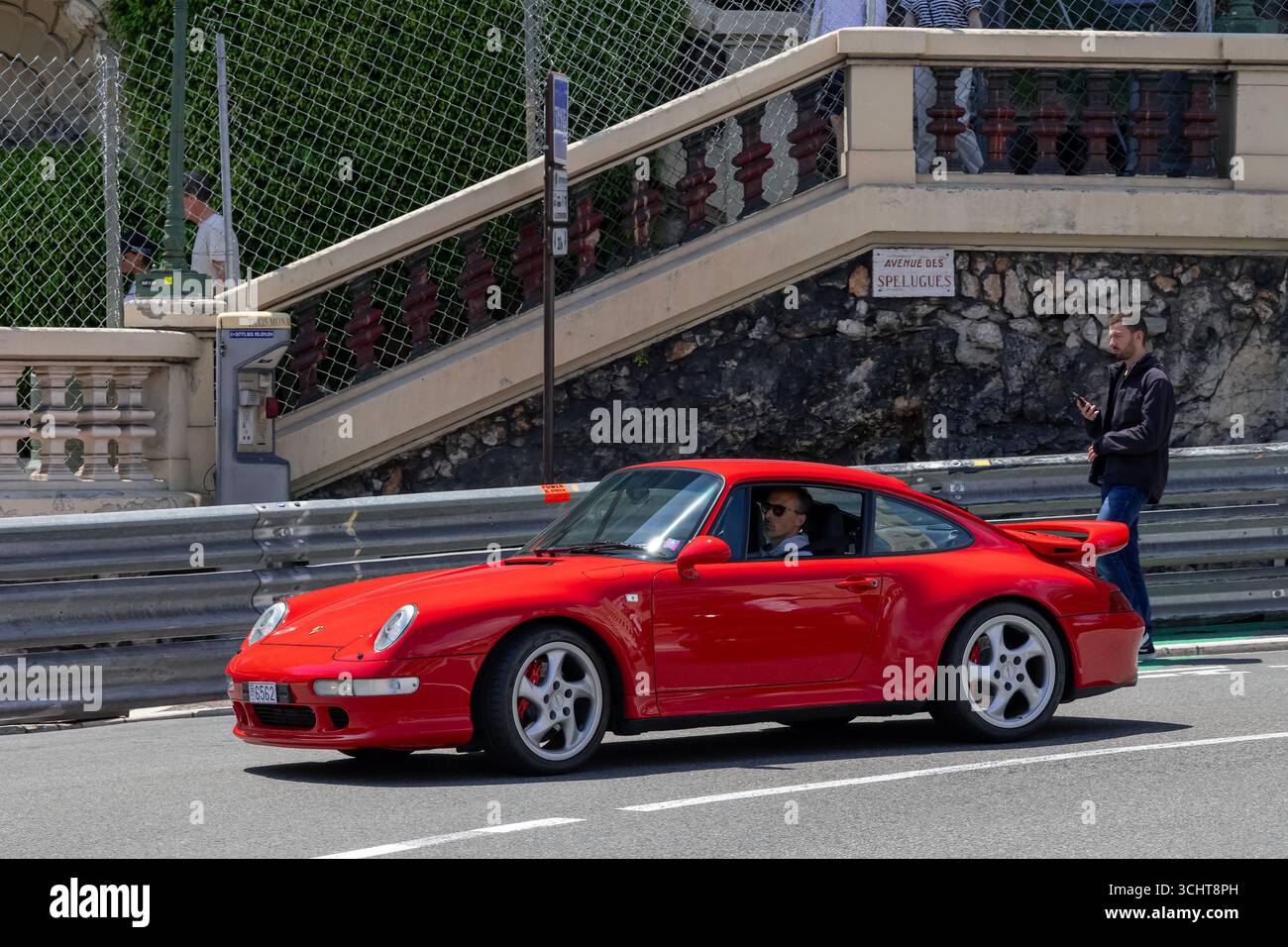 Monte Carlo, Monaco - View on a red Porsche 993 Turbo driving on the ...