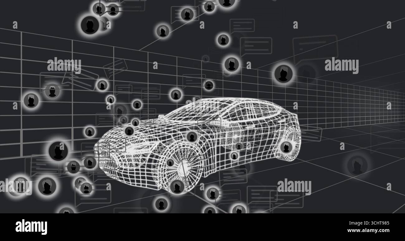 Rotating wireframe car model floating in virtual 3D grid, with user icons, chat bubbles, data lines Stock Photo