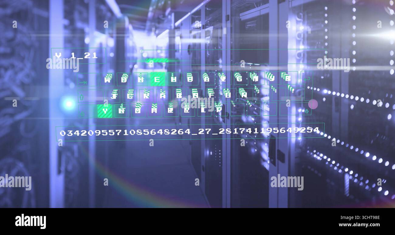 Displaying digital code overlay in server rack corridor, highlighting blinking LED indicators Stock Photo