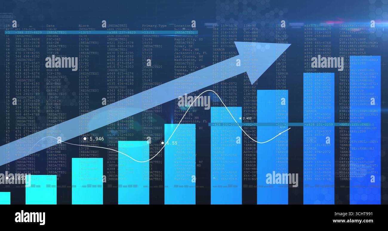Showing blue ascending bar chart on analytics dashboard, with arrowed line graph and code matrix Stock Photo