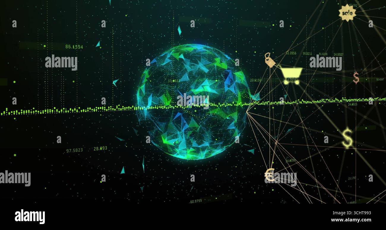 Floating polygonal globe streaming green data points in virtual network, with currency symbols Stock Photo