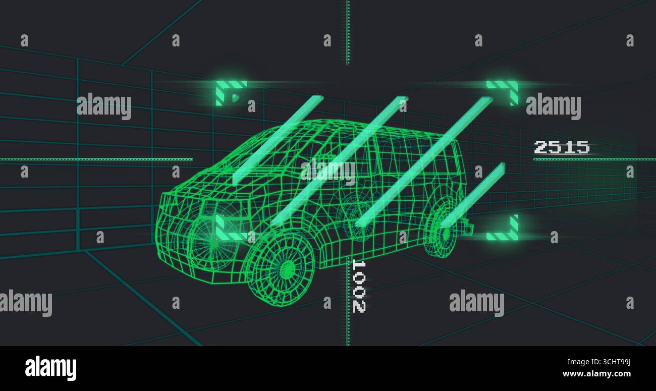 Displaying neon green 3D wireframe passenger van rotating in grid interface, featuring HUD brackets Stock Photo