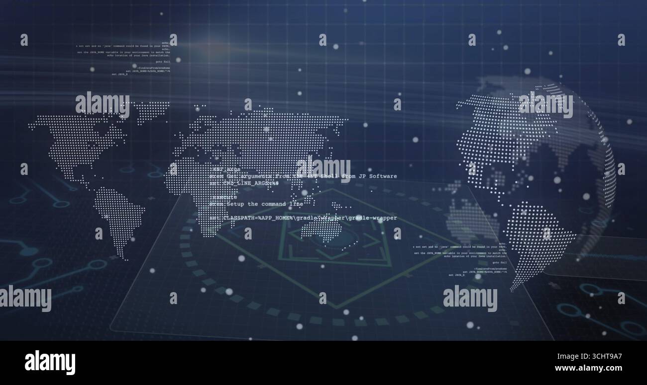 Displaying dotted world map on futuristic screen, with dotted globe, code snippets, glowing grid Stock Photo