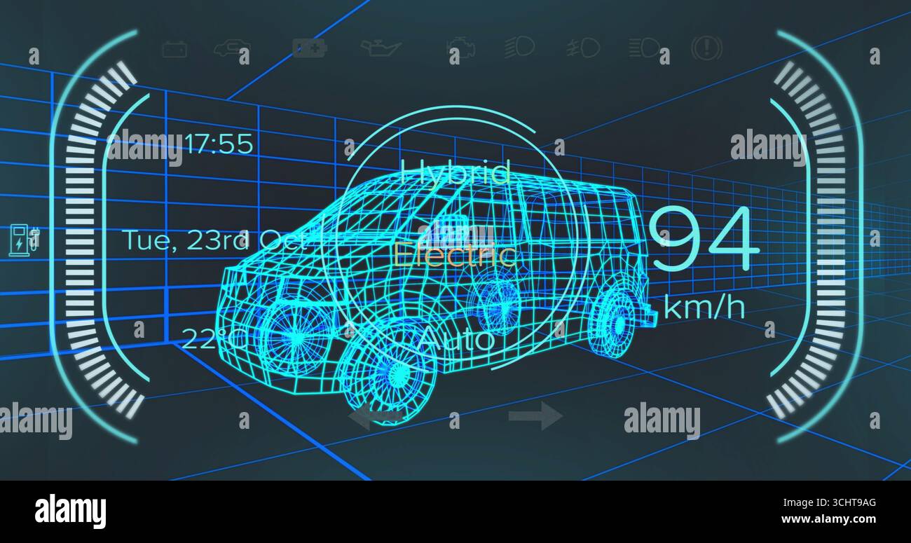 Displaying wireframe 3D van rotating in virtual cockpit simulation, with speed readout overlays Stock Photo