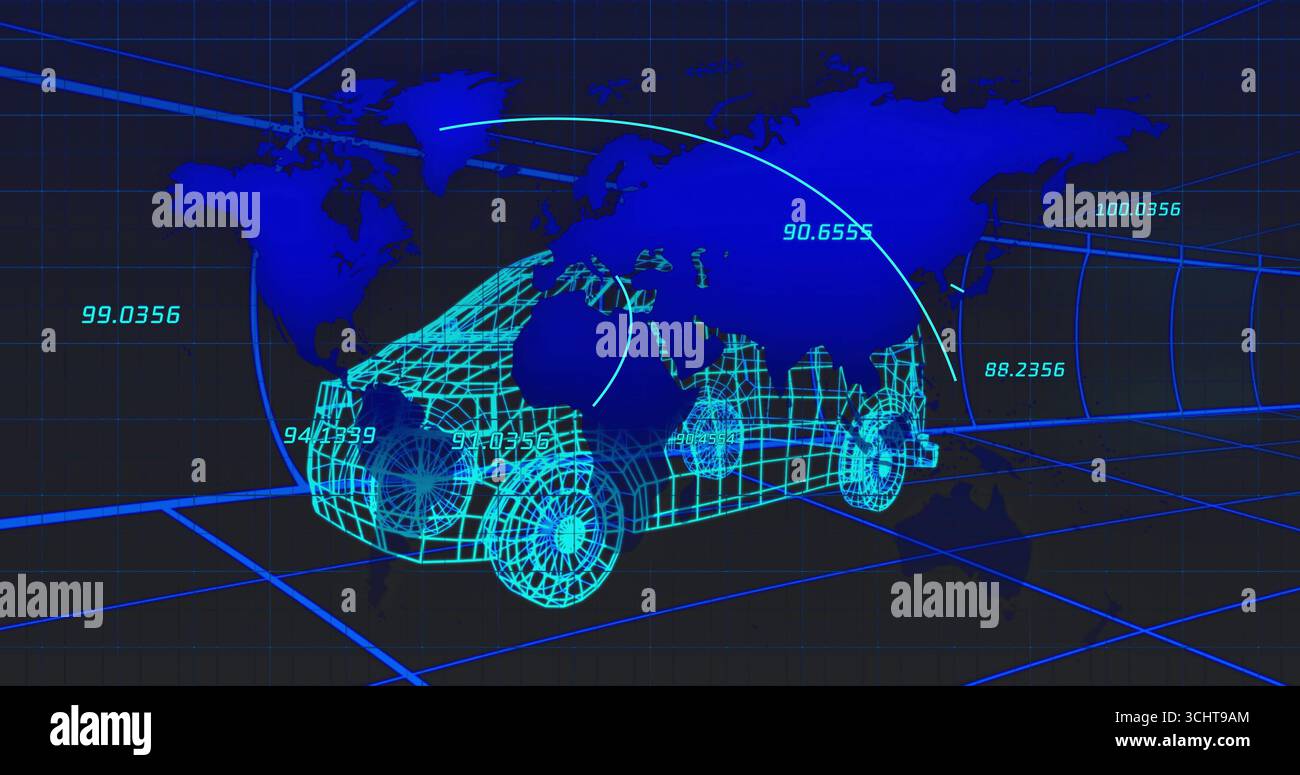 Displaying neon-blue wireframe car model floating in virtual 3D environment, with digital map data Stock Photo