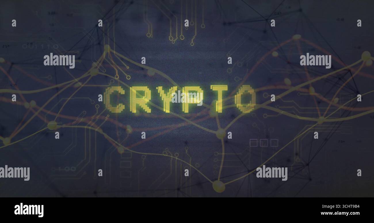 Displaying pixelated CRYPTO pulsing over dark digital circuit backdrop, with glowing network nodes Stock Photo