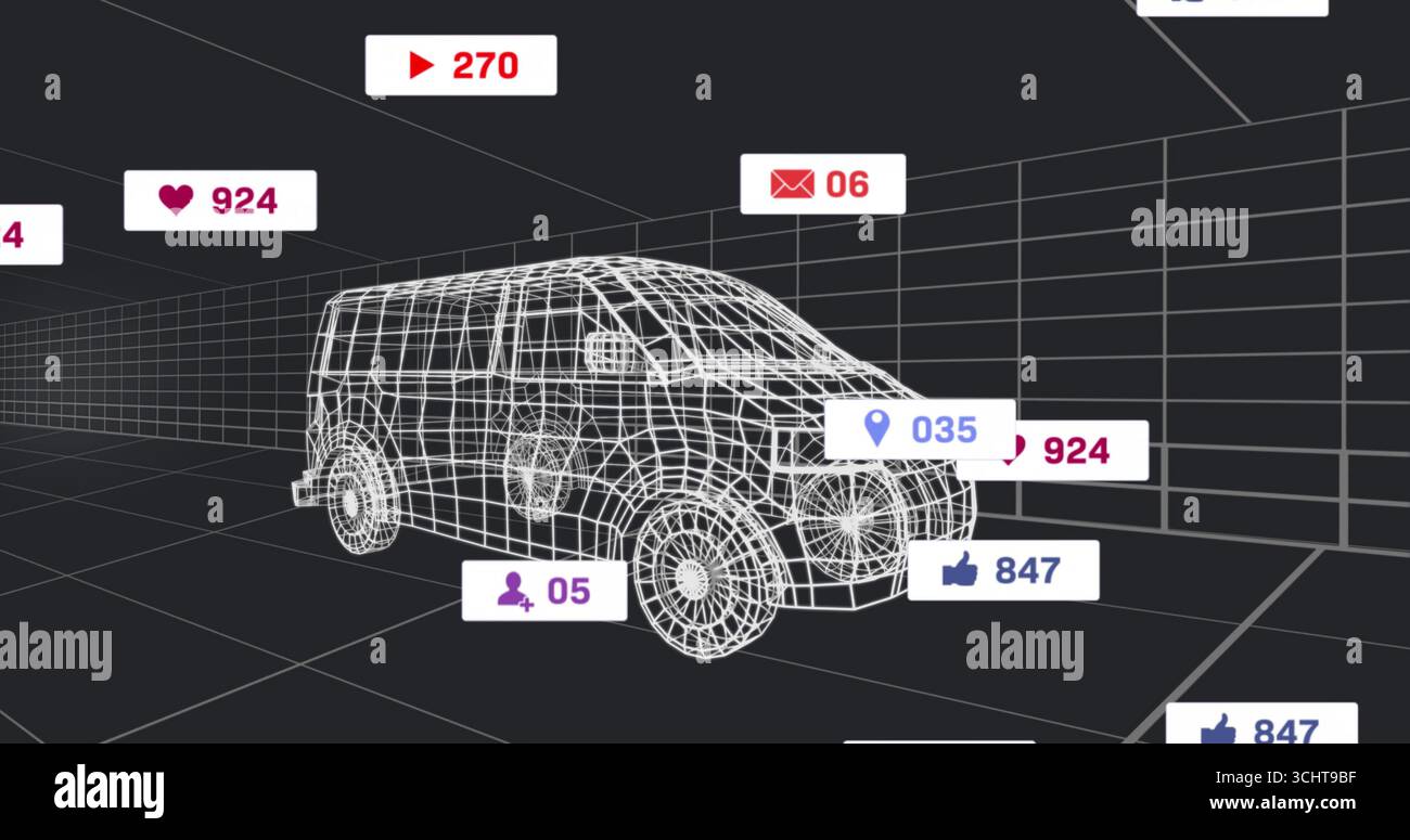 Displaying wireframe van model floating inside virtual 3D grid tunnel, hovering social media icons Stock Photo