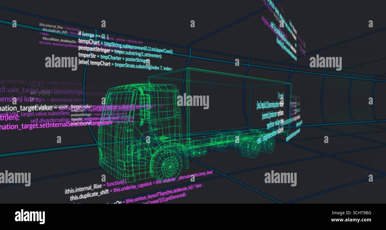 Displaying wireframe truck model rotating in 3D workspace, with floating code, copy space Stock Photo