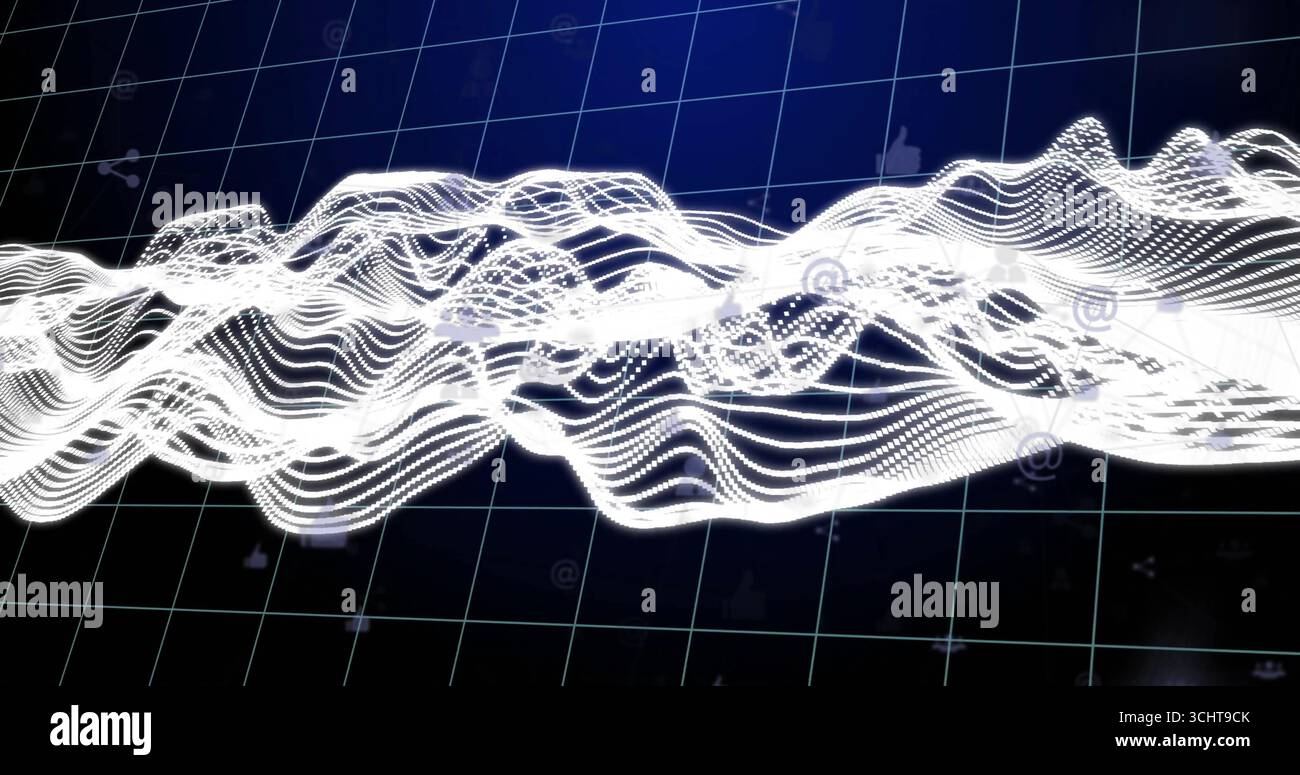 Flowing white wave representing data crossing 3D dark grid plane, with ...
