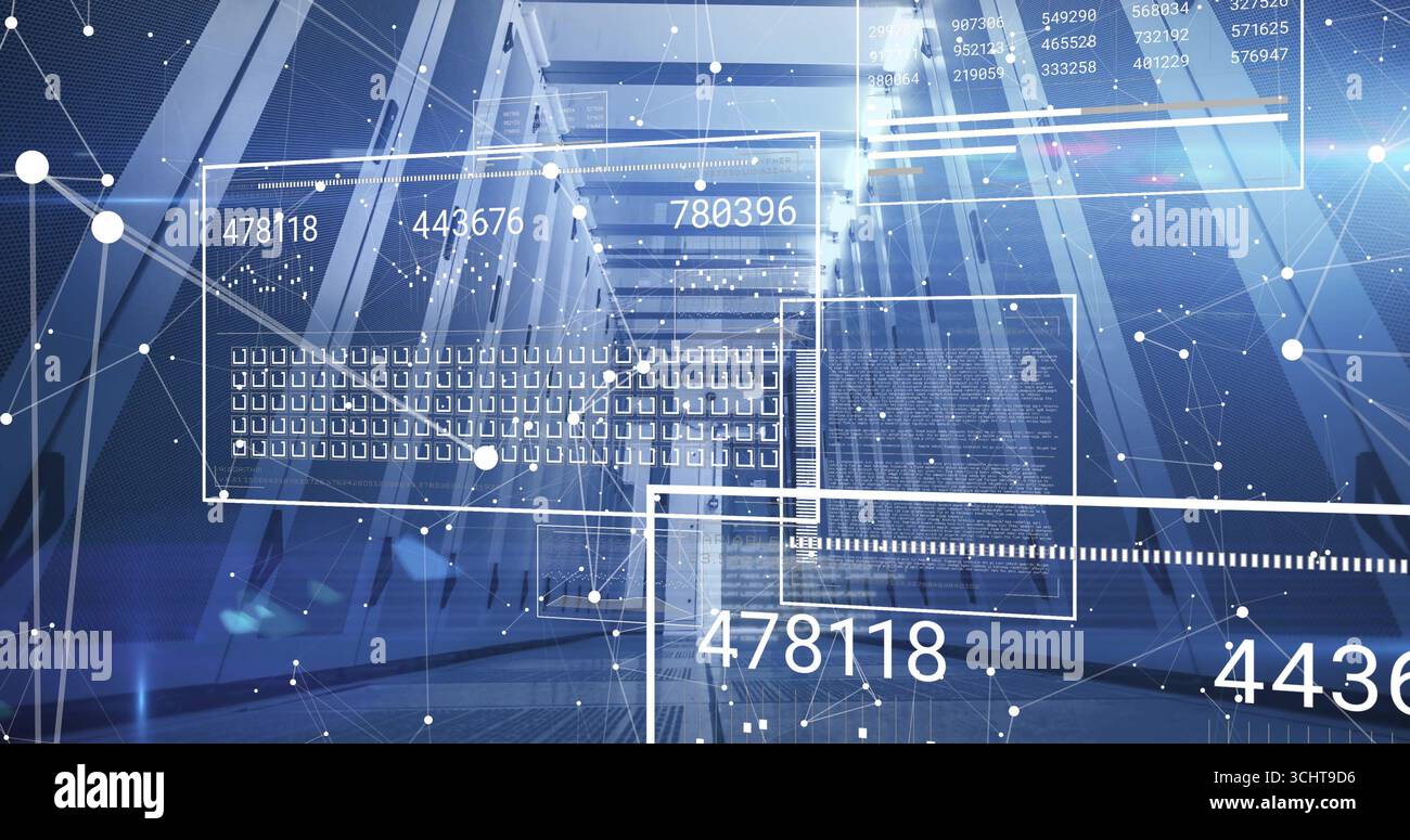 Illuminating data center corridor showing server racks, with cable trays and numeric UI panels Stock Photo