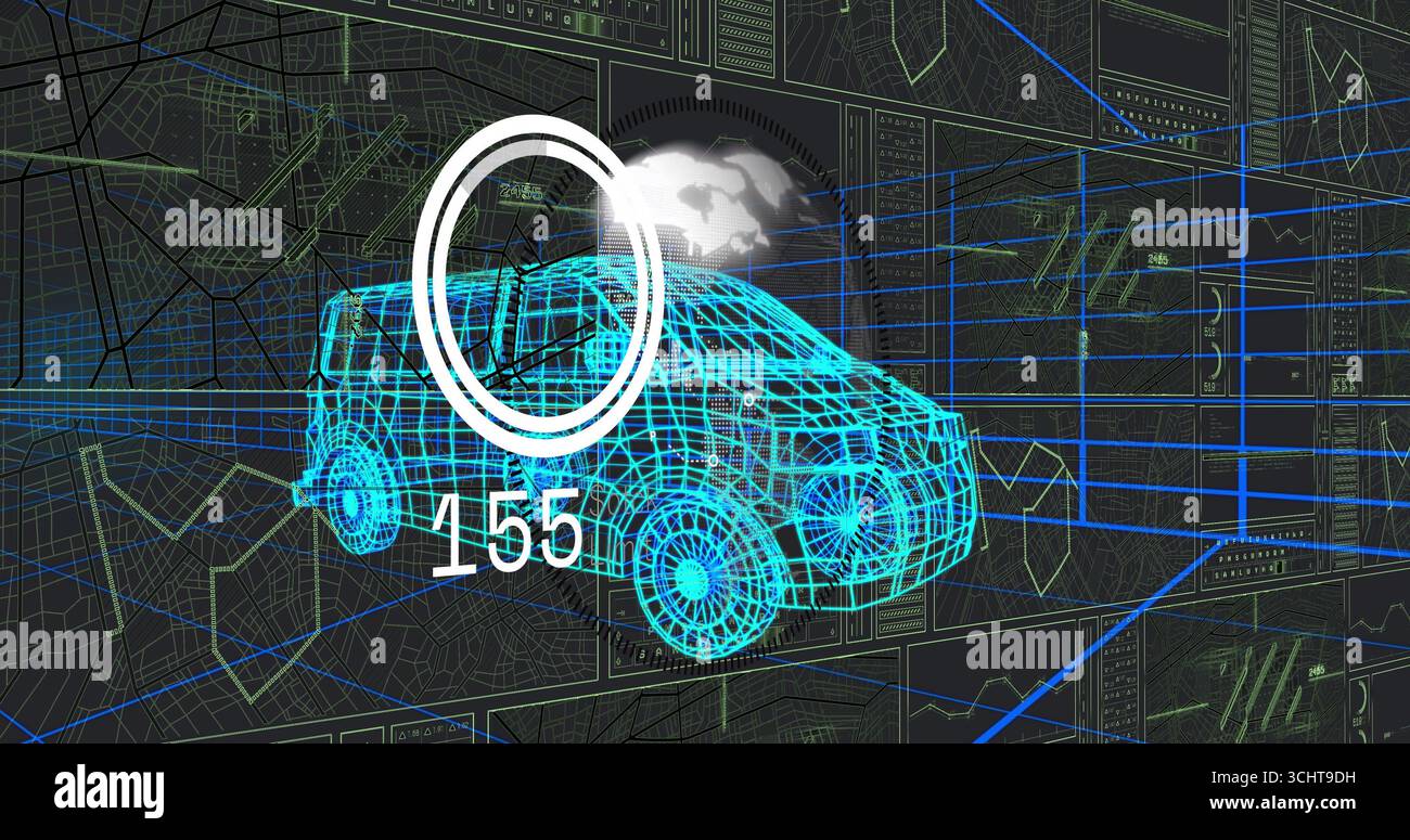 Displaying neon blue 3D wireframe SUV model in HUD interface, with numeric 155 and map overlay Stock Photo