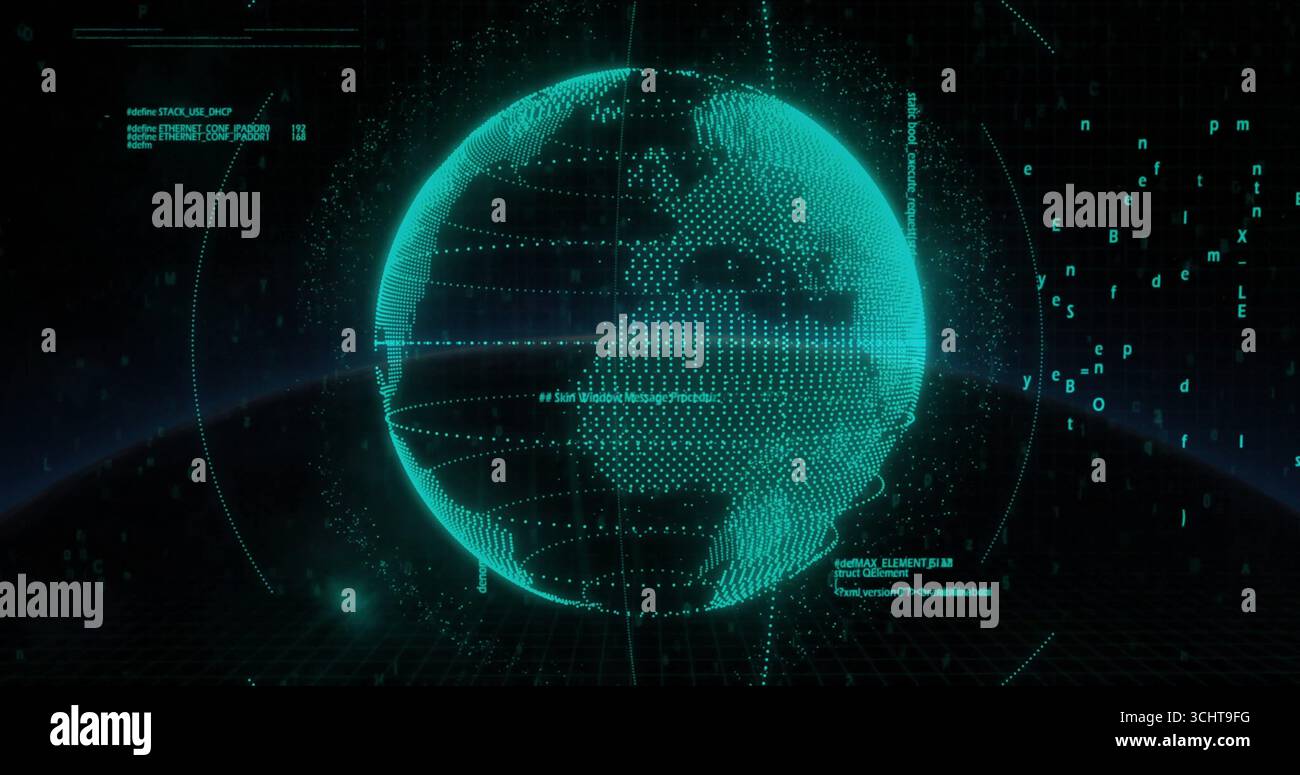 Rotating globe hovering over grid floor with floating code text symbols, circular arc overlay Stock Photo