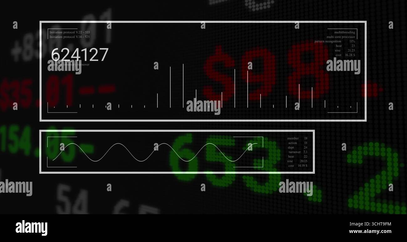 Displaying digital UI panels on grid background, presenting bar chart, waveform and numeric tickers Stock Photo