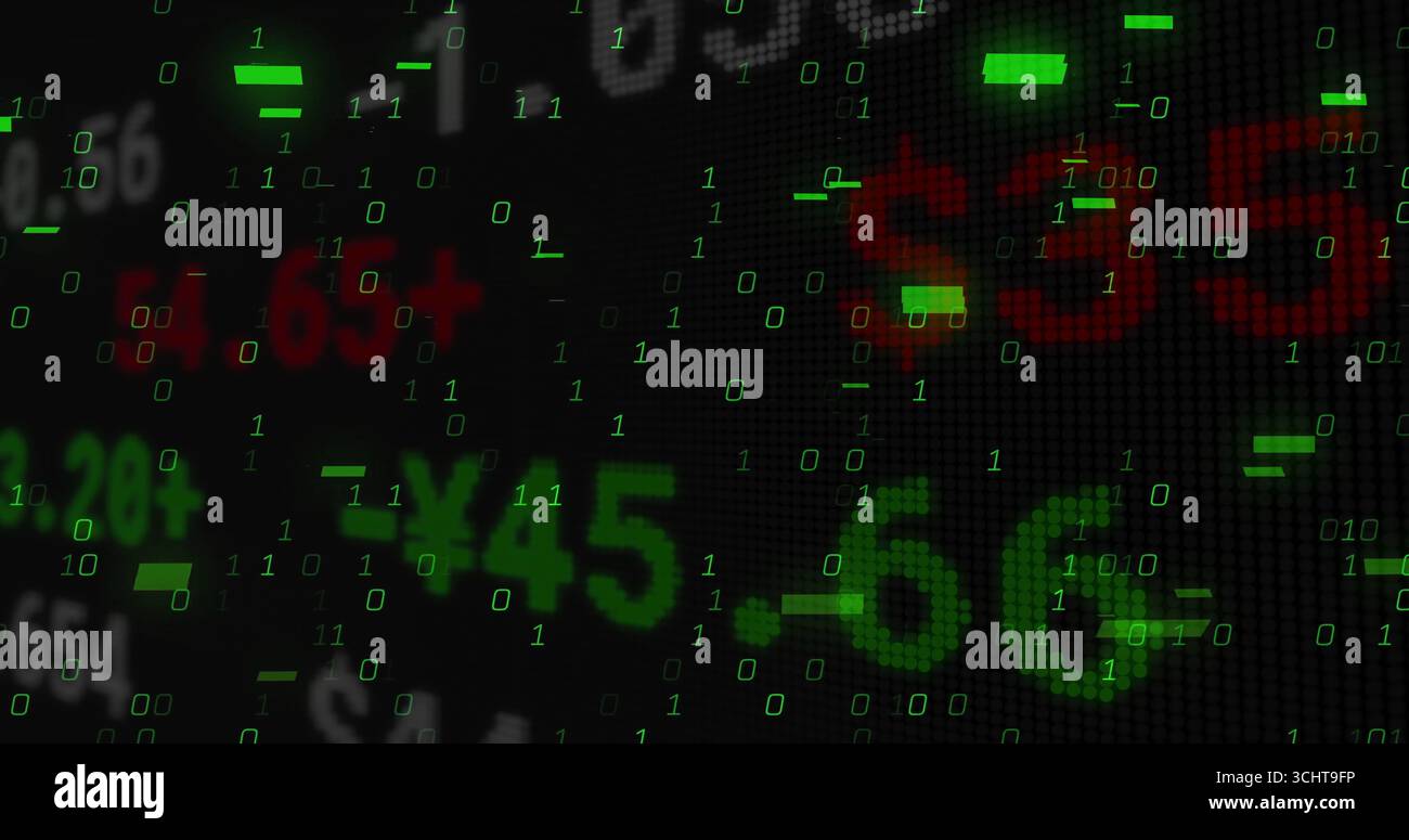 Displaying +45 cluster streaming green binary digits on dark pixel grid display, with red figures Stock Photo
