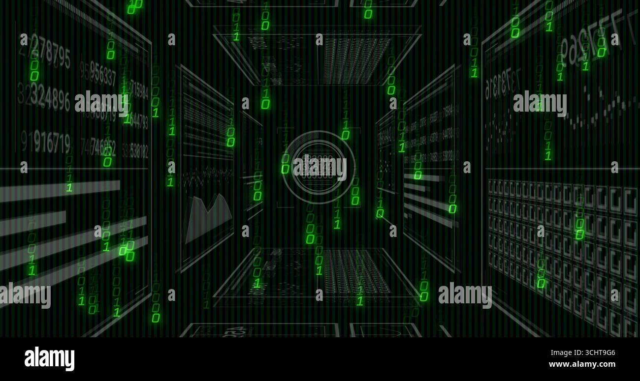 Displaying circular holographic gauge showing numeric data inside data corridor with binary streams Stock Photo