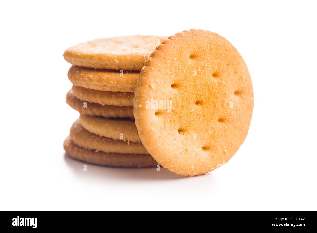 Crispy round salted crackers isolated on a white background. Stock Photo