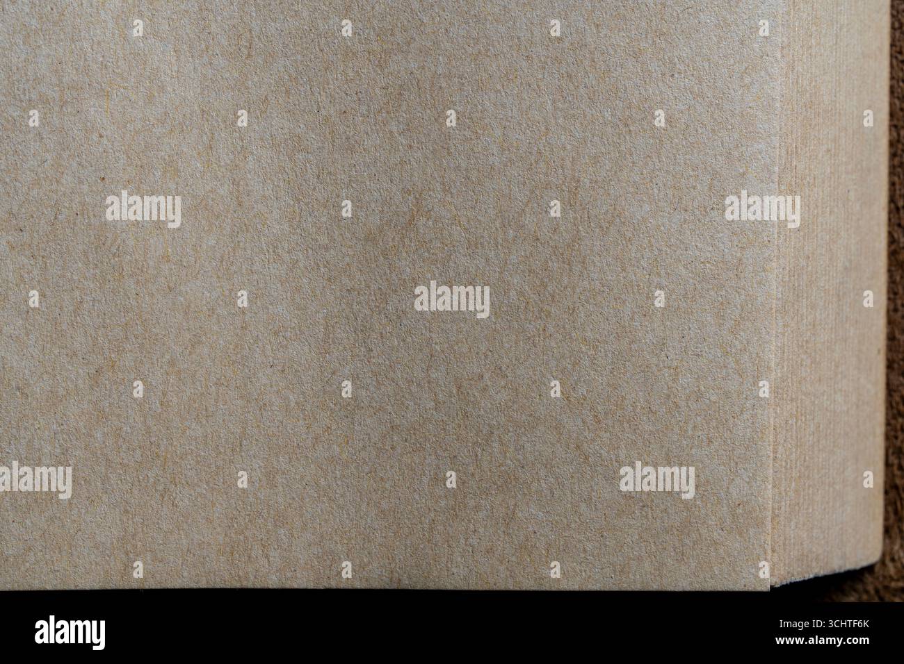 Blank page of brown open notebook, close up, copy space. Vintage paper texture background. Empty page with fiber pattern Stock Photo