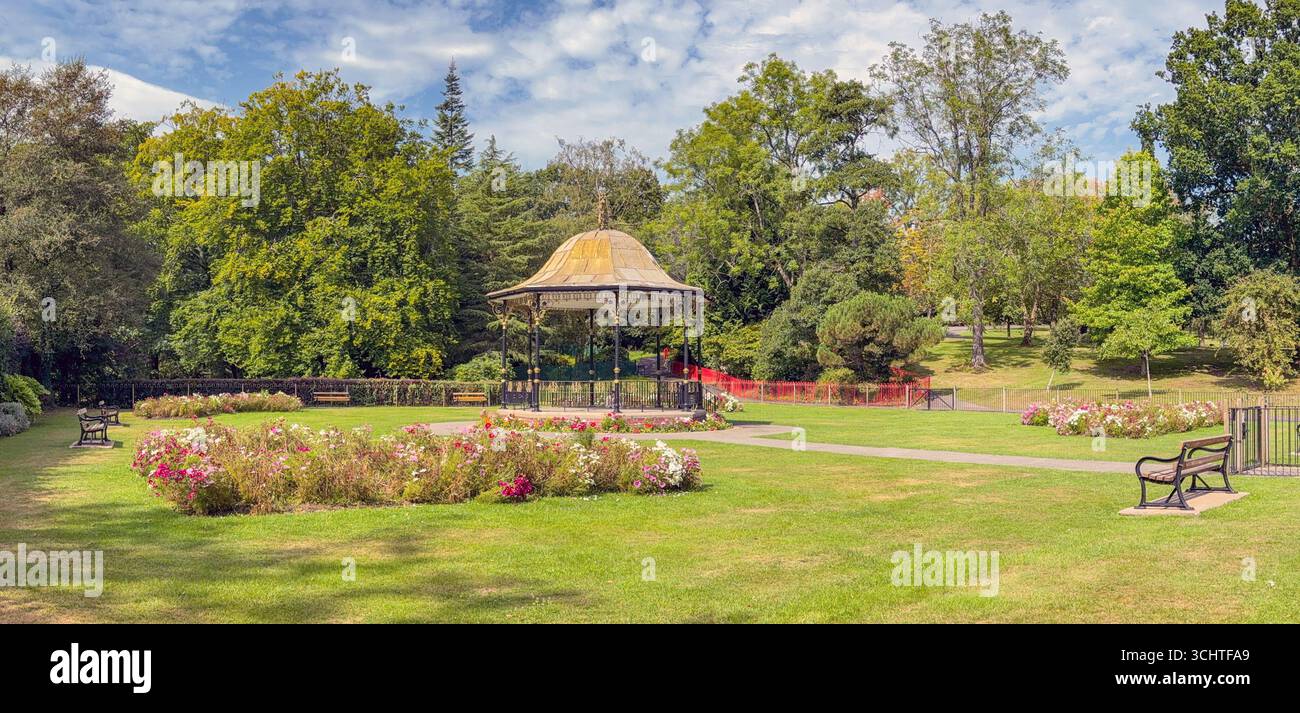 Aberdare, Rhondda Cynon Taf, Wales, UK - 12 August 2025: Scenic panoramic landscape view of the bandstand and gardens in Aberdare park - Smartphone Captured Stock Image