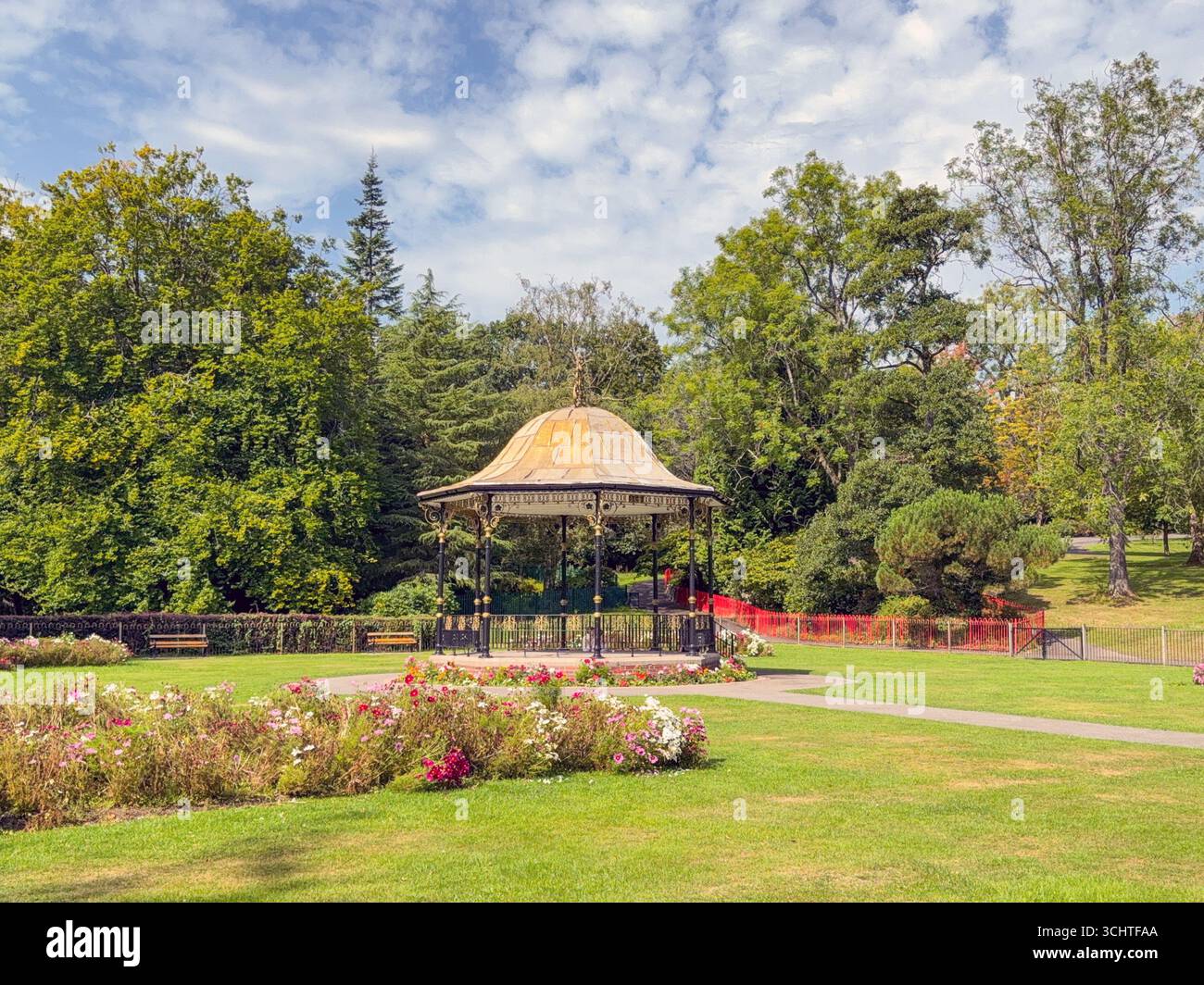Aberdare, Rhondda Cynon Taf, Wales, UK - 12 August 2025: Scenic landscape view of the bandstand and gardens in Aberdare park - Smartphone Captured Stock Image