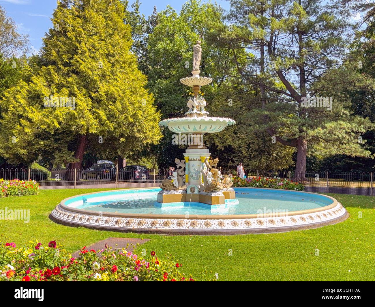 Aberdare, Rhondda Cynon Taf, Wales, UK - 12 August 2025: Scenic view of the ornate fountain in the gardens in Aberdare park - Smartphone Captured Stock Image