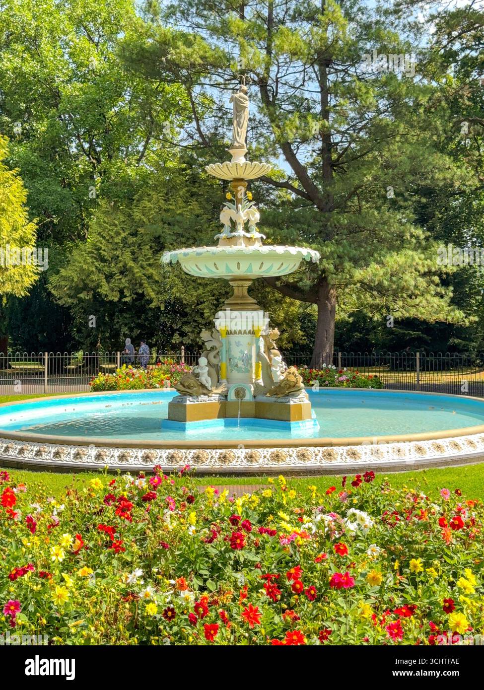 Aberdare, Rhondda Cynon Taf, Wales, UK - 12 August 2025: Scenic view of the ornate fountain in the gardens in Aberdare park - Smartphone Captured Stock Image
