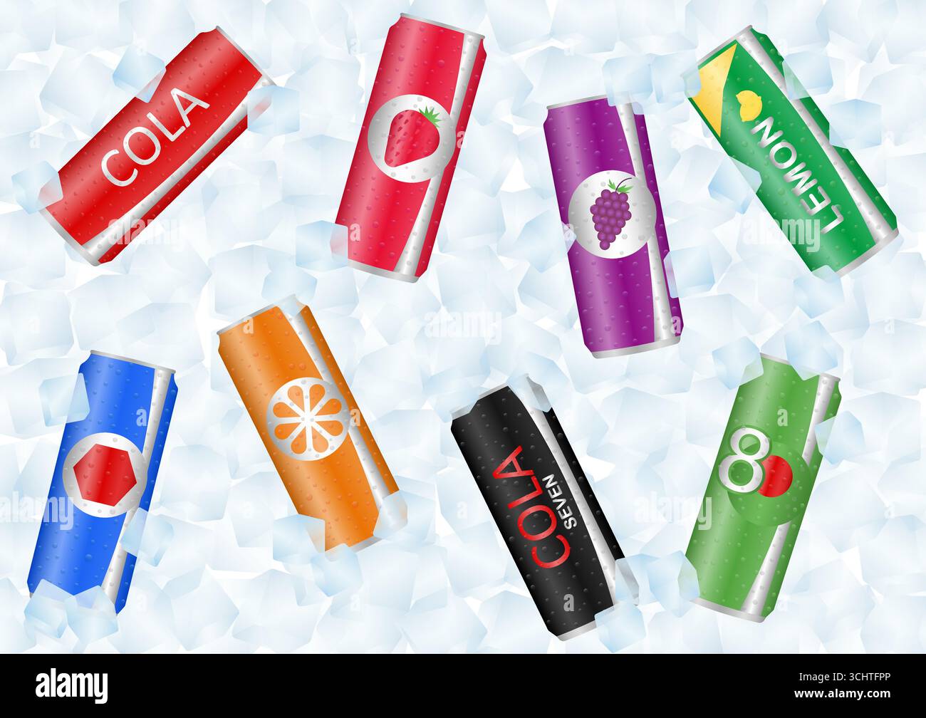 Soft drinks or Soda Cans in Ice Cubes. Vector Illustration. Stock Vector