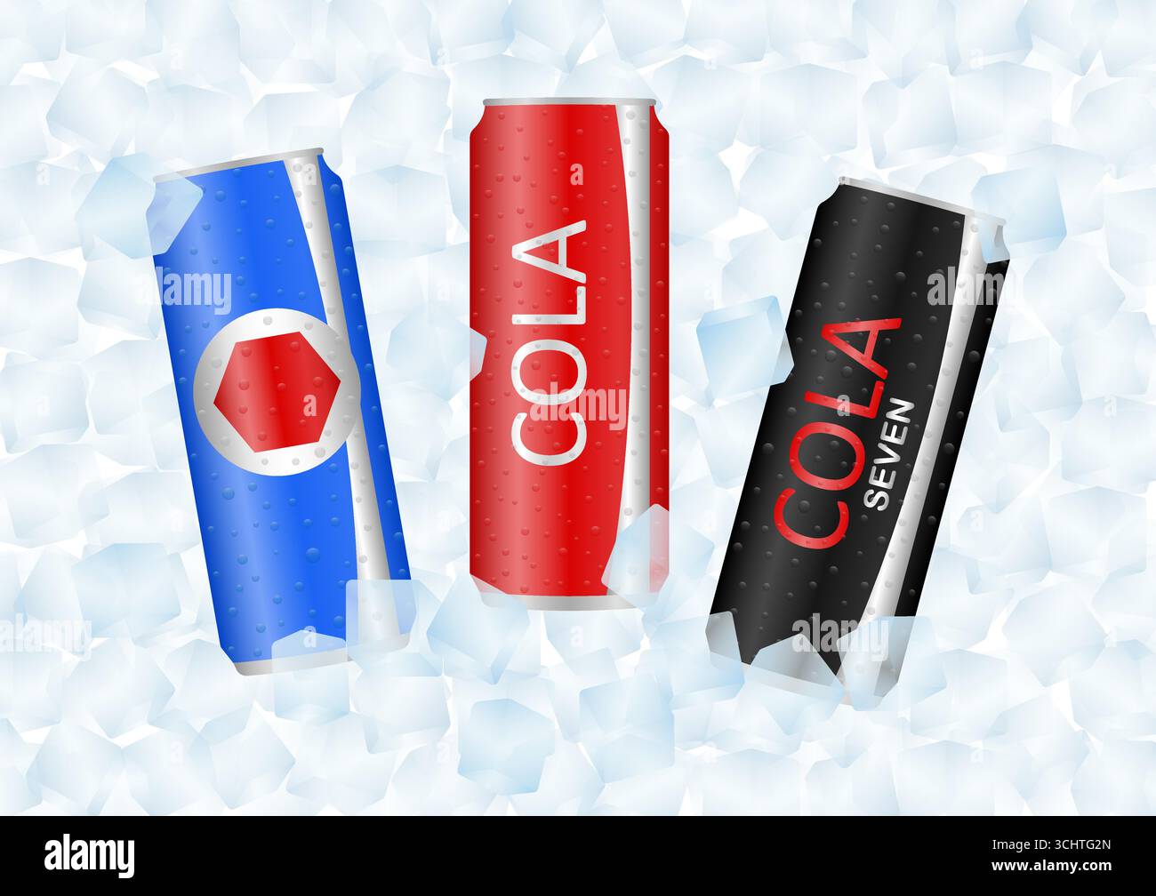 Soft drinks or Soda Cans in Ice Cubes. Vector Illustration. Stock Vector