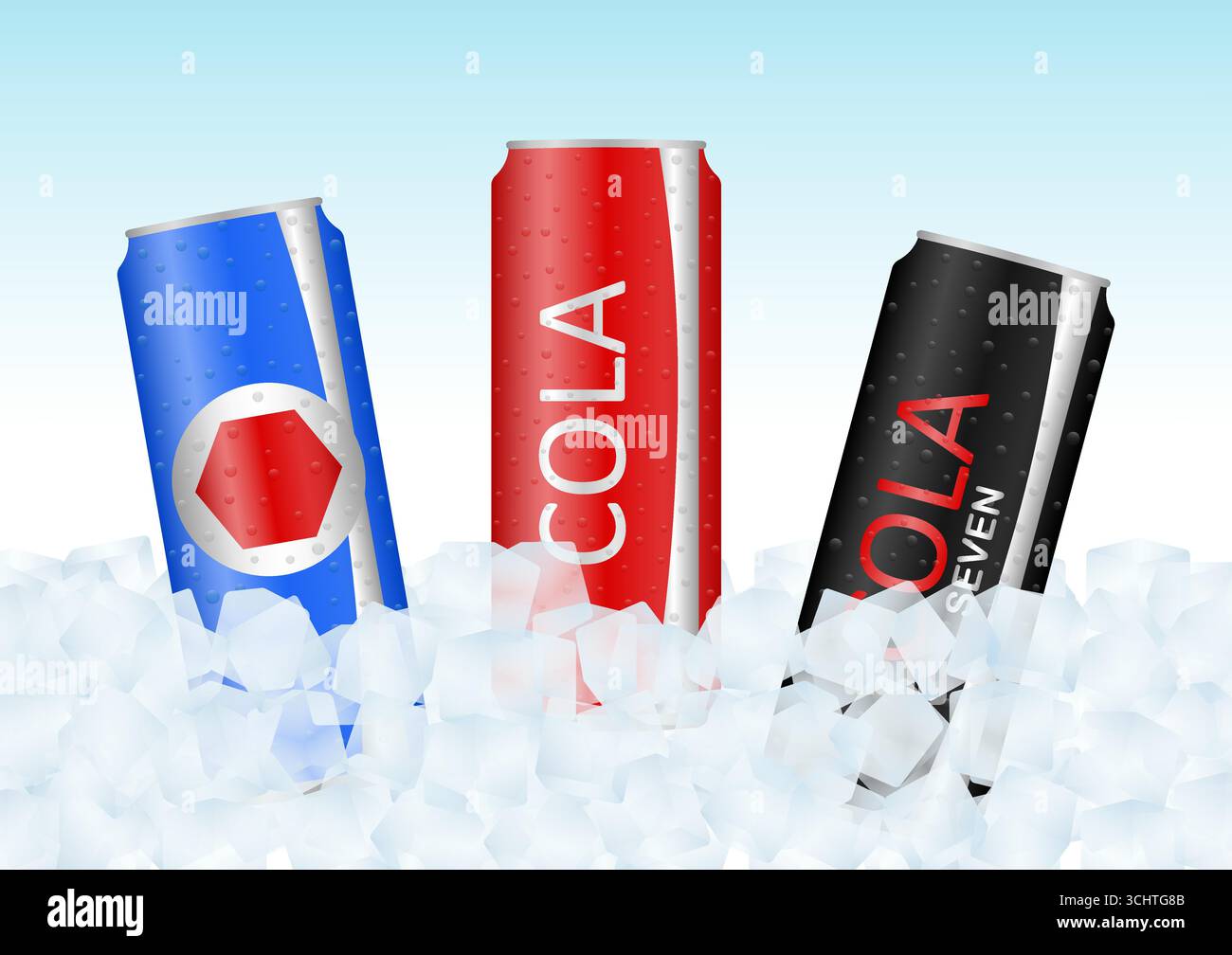 Soft drinks or Soda Cans in Ice Cubes. Vector Illustration. Stock Vector