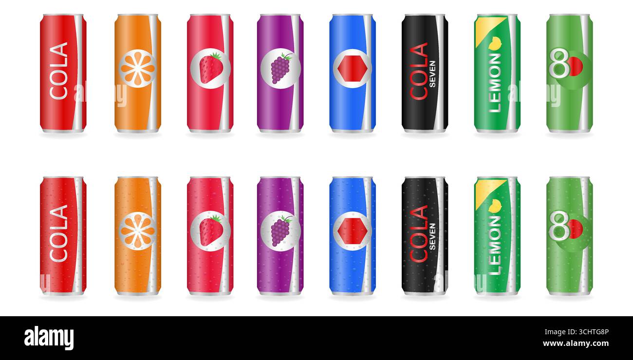 Soft drinks or Soda Cans Set. Vector Illustration Isolated on White Background. Stock Vector