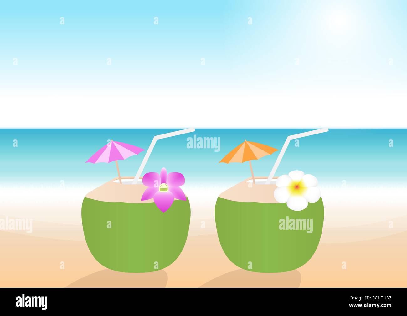 Coconut Juice or Coconut Water Drink, Coconut Cocktail on Beach. Vector Illustration. Stock Vector