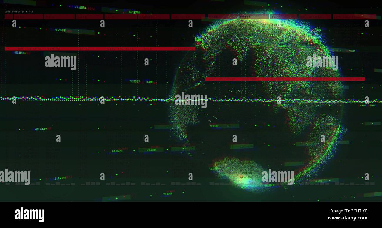 Displaying digital globe glitching on data display, red bars, pixels, green data points, copy space Stock Photo