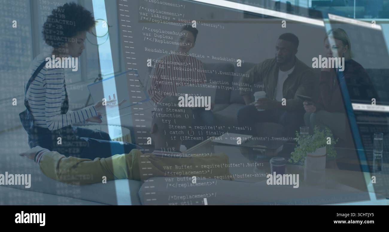 Five tech professionals discussing ideas in office lounge, with cups on table and code reflection Stock Photo