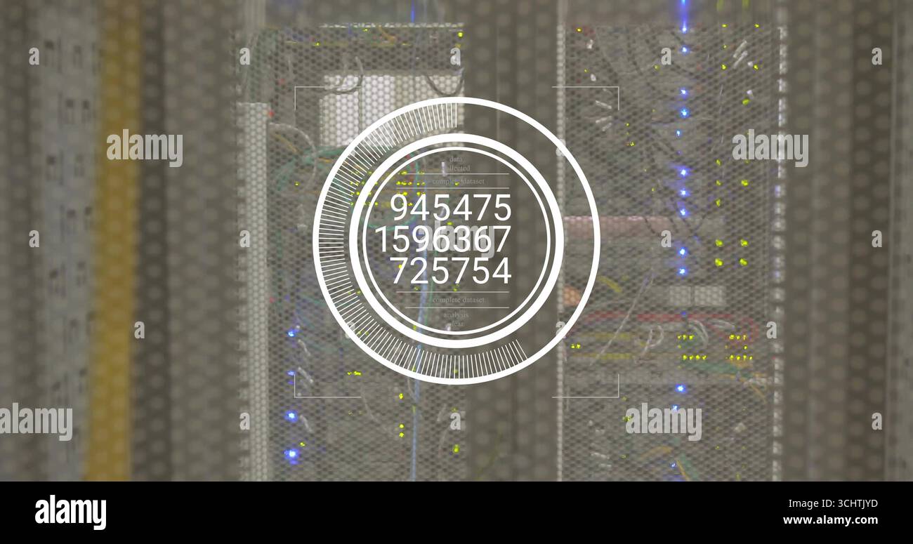 Displaying translucent digital overlay showing numeric data at data center, with mesh door Stock Photo
