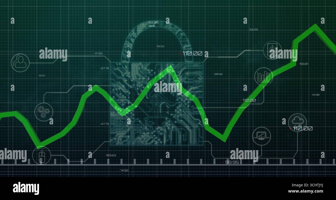 Circuit-board padlock overlaying green line graph on grid, with ...