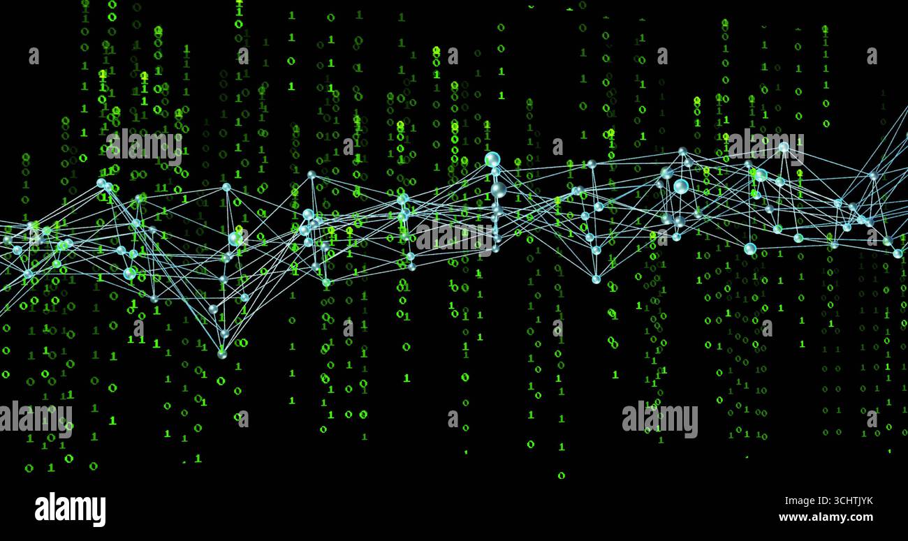 Pulsing teal node network flowing through cyberspace, with connecting lines and green binary digits Stock Photo