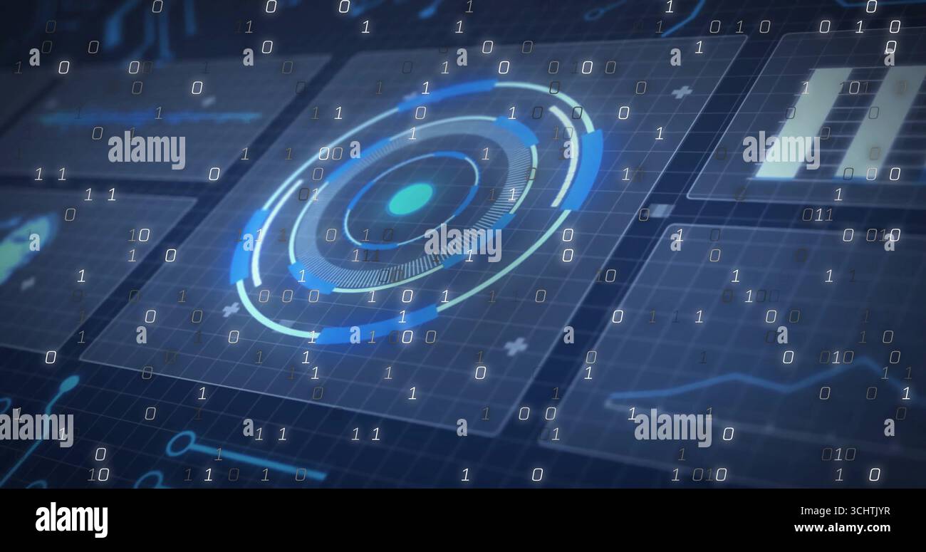 Showing concentric circular HUD element rotating at digital dashboard, with streaming binary digits Stock Photo