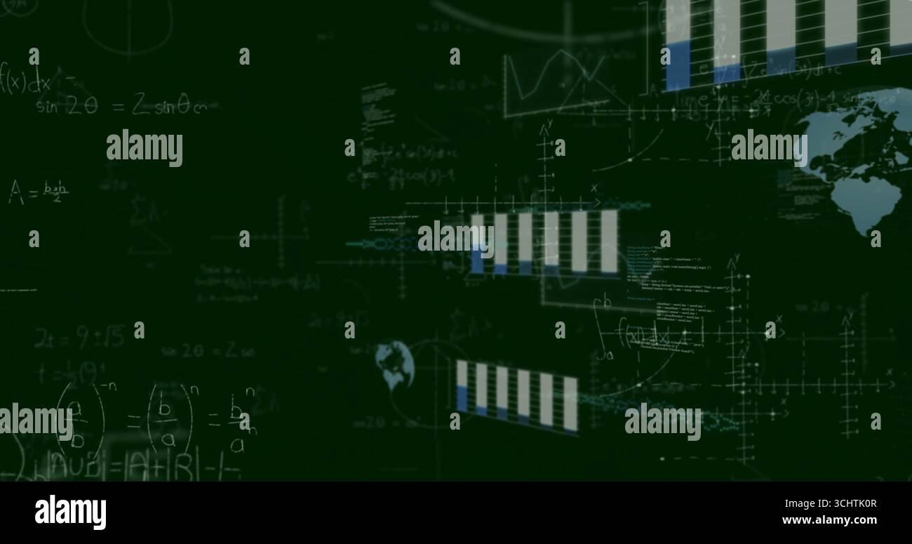 Displaying data screen presenting handwritten equations, chart segments, world map on green screen Stock Photo