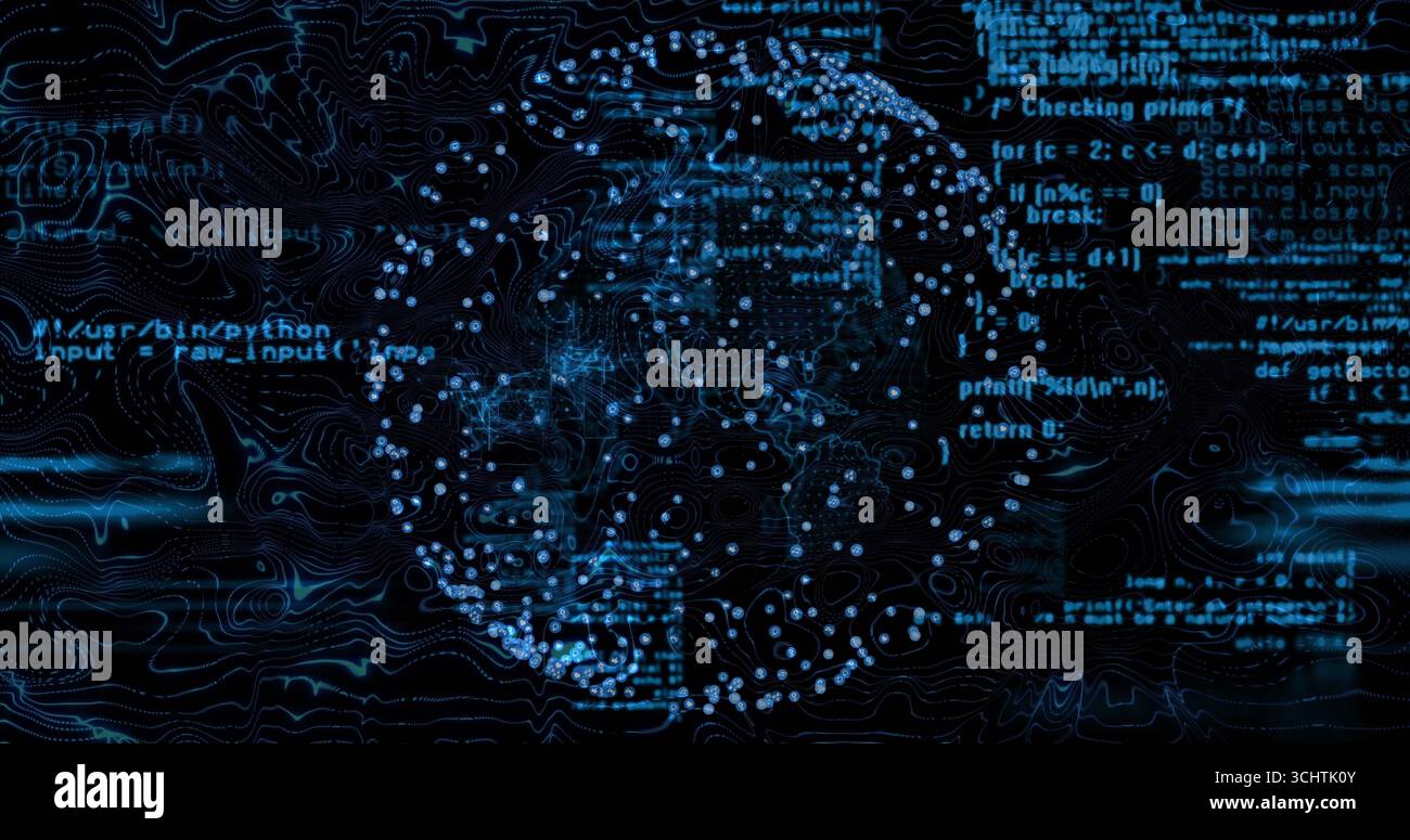 Displaying spherical network glowing with blue nodes in virtual interface, with code and contours Stock Photo