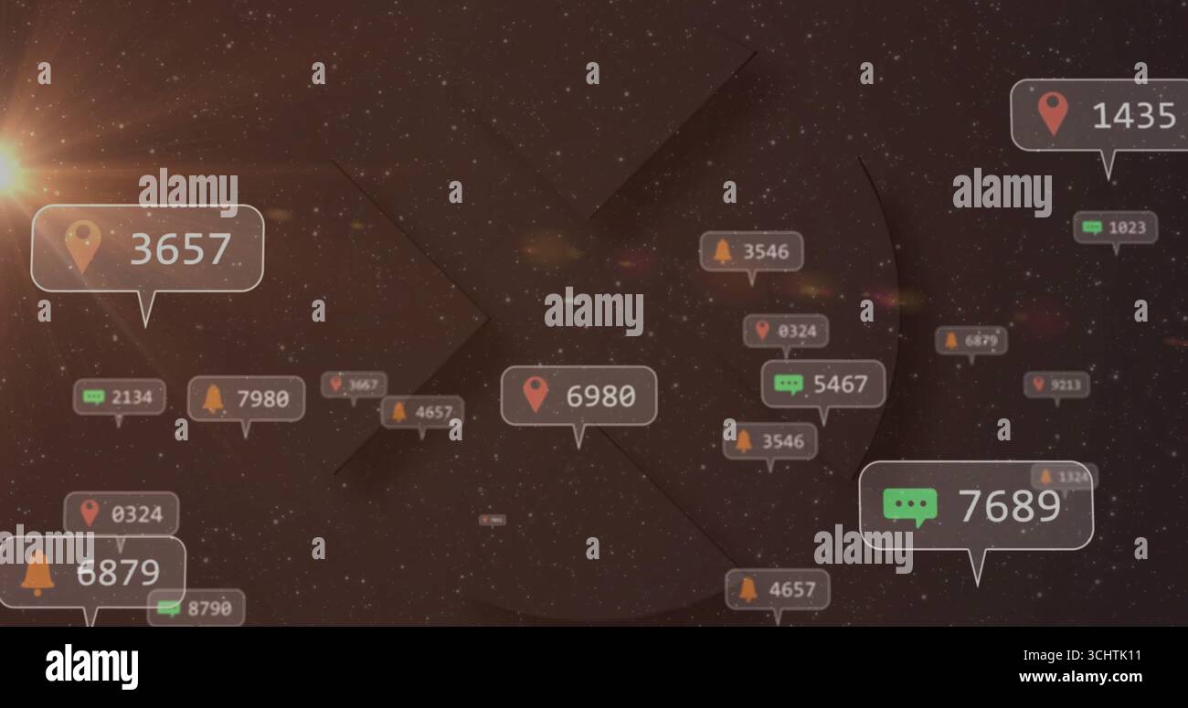 Displaying numeric data bubbles drifting in virtual network space, with pins, bells, chat icons Stock Photo