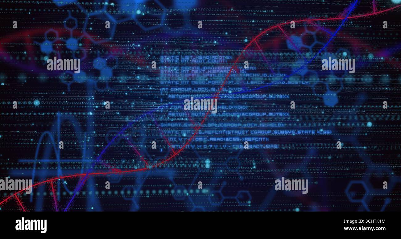Sweeping red DNA double helix curve cutting through interface, with binary code and hexagon nodes Stock Photo
