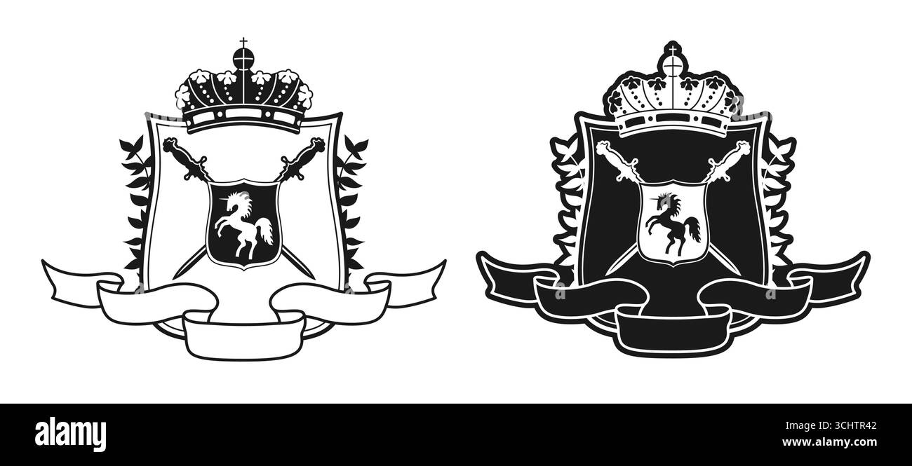 Coat of arms with unicorn shield and laurel wreath, ribbon crown ...