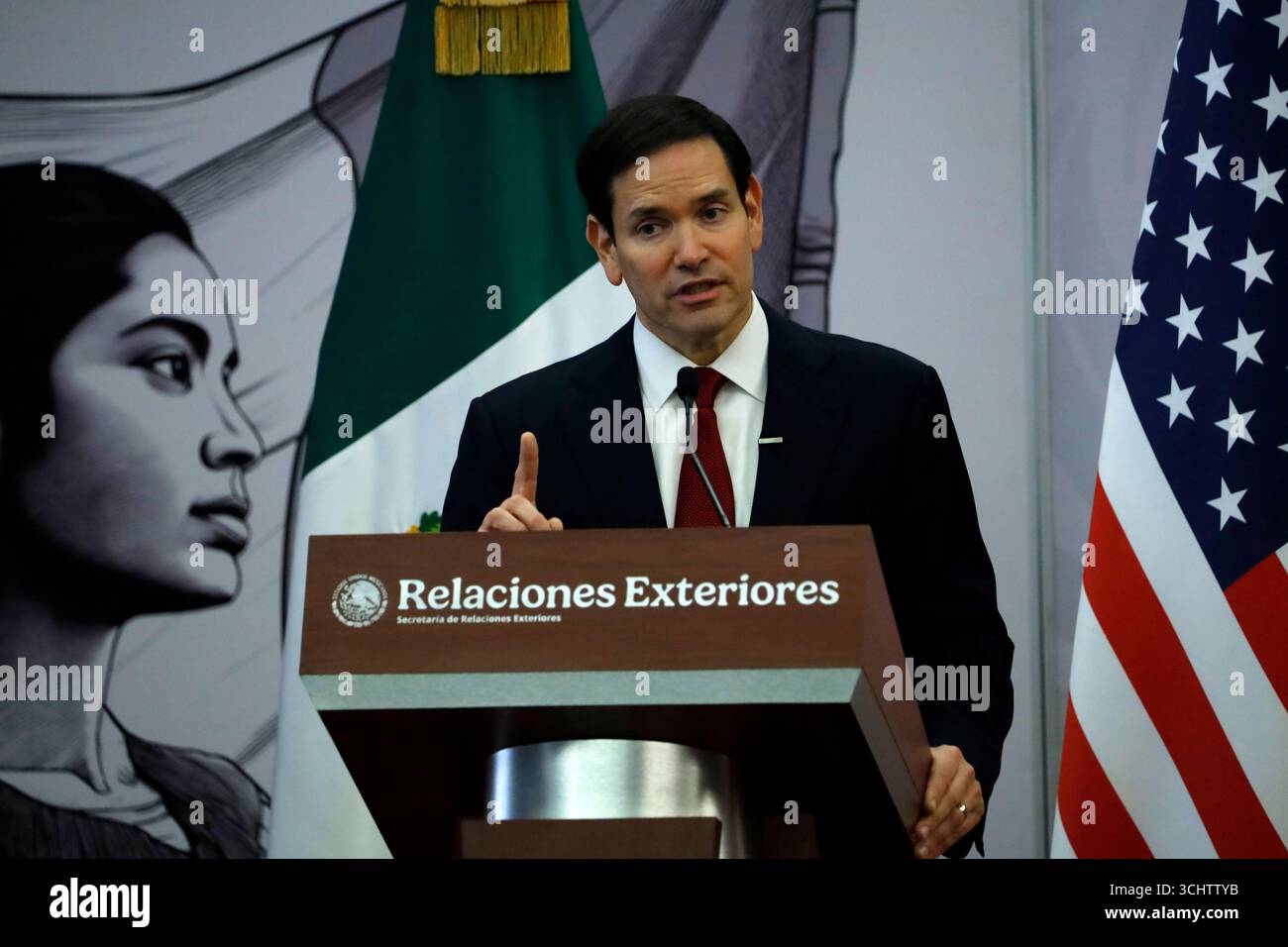 Mexico City, Mexico. 03rd Sep, 2025. U.S. Secretary of State Marco Rubio addressed the press. They discussed security, narcoterrorism, Venezuela, drug trafficking, Venezuelan President Nicolas Maduro, and bilateral cooperation at the Mexican Foreign Ministry. On September 3, 2025, in Mexico City. (Photo by Luis Barron/Eyepix) Credit: Sipa US/Alamy Live News Stock Photo