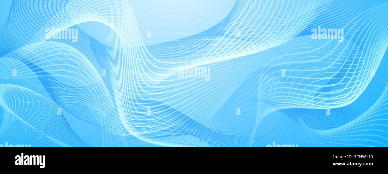 Curved lines create dynamic wave pattern on light blue, abstract background. Stock Vector
