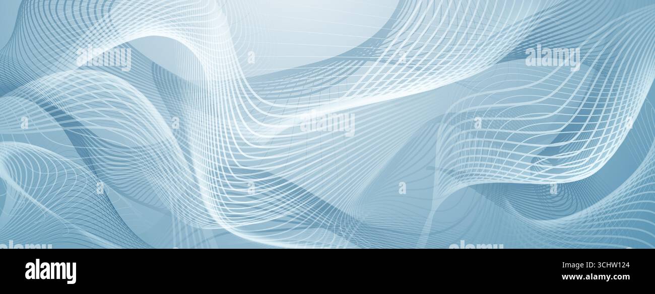 Curved lines create dynamic wave pattern on light blue, abstract background. Stock Vector