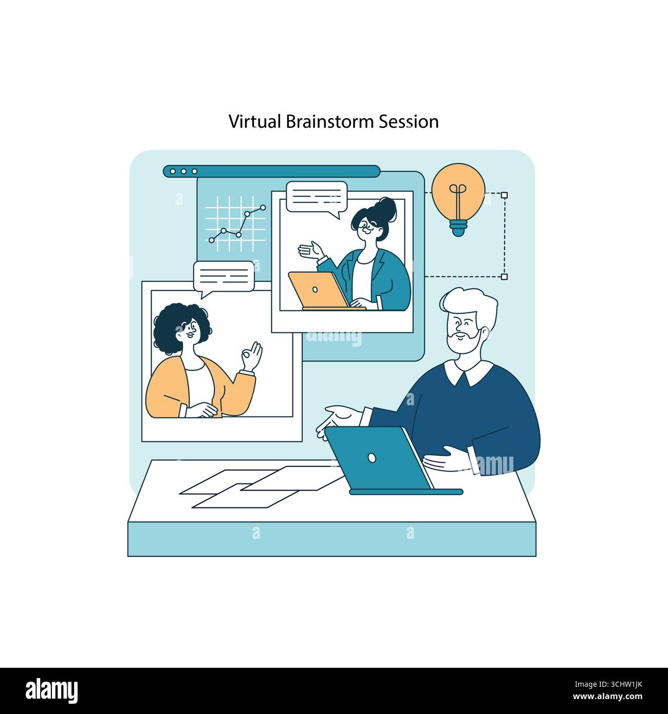 Vector illustration displaying a virtual brainstorming session with ...