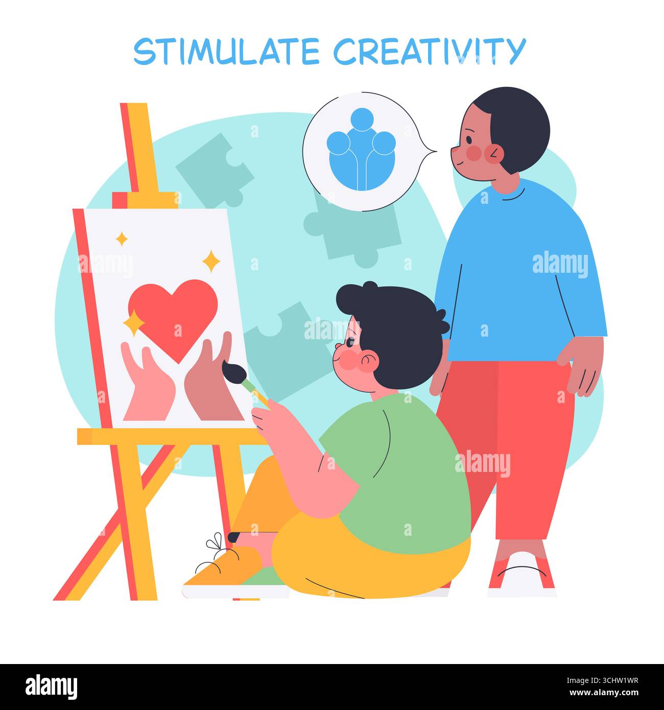 Child creatively painting a canvas with a heart and hands while an adult supervises. The illustration encourages creativity and learning in a supportive environment. Vector illustration. Stock Vector