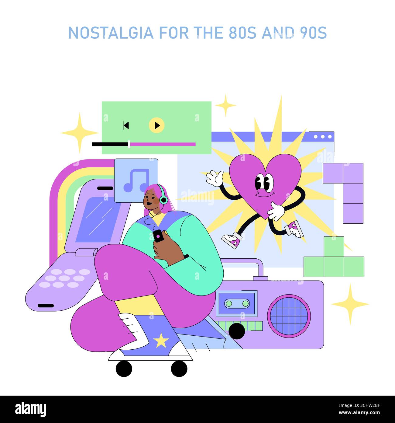 Nostalgic vector illustration highlighting iconic 80s and 90s elements ...