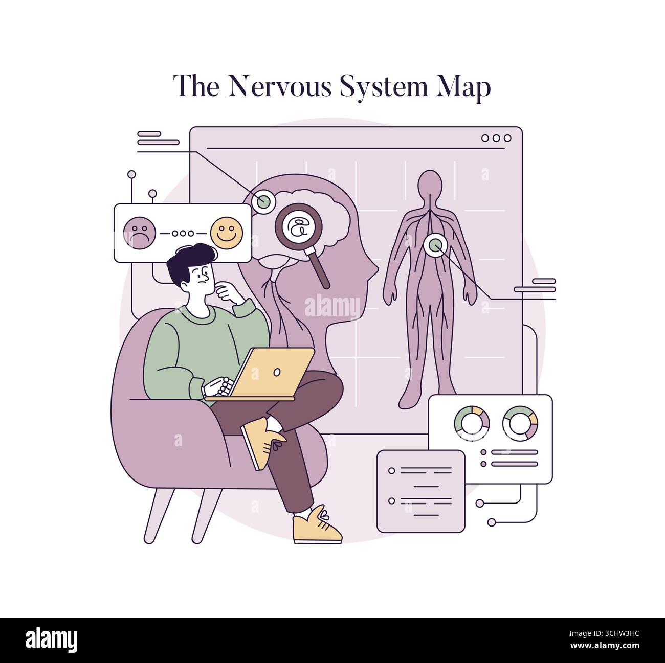Vector illustration depicting a person with a laptop analyzing the ...